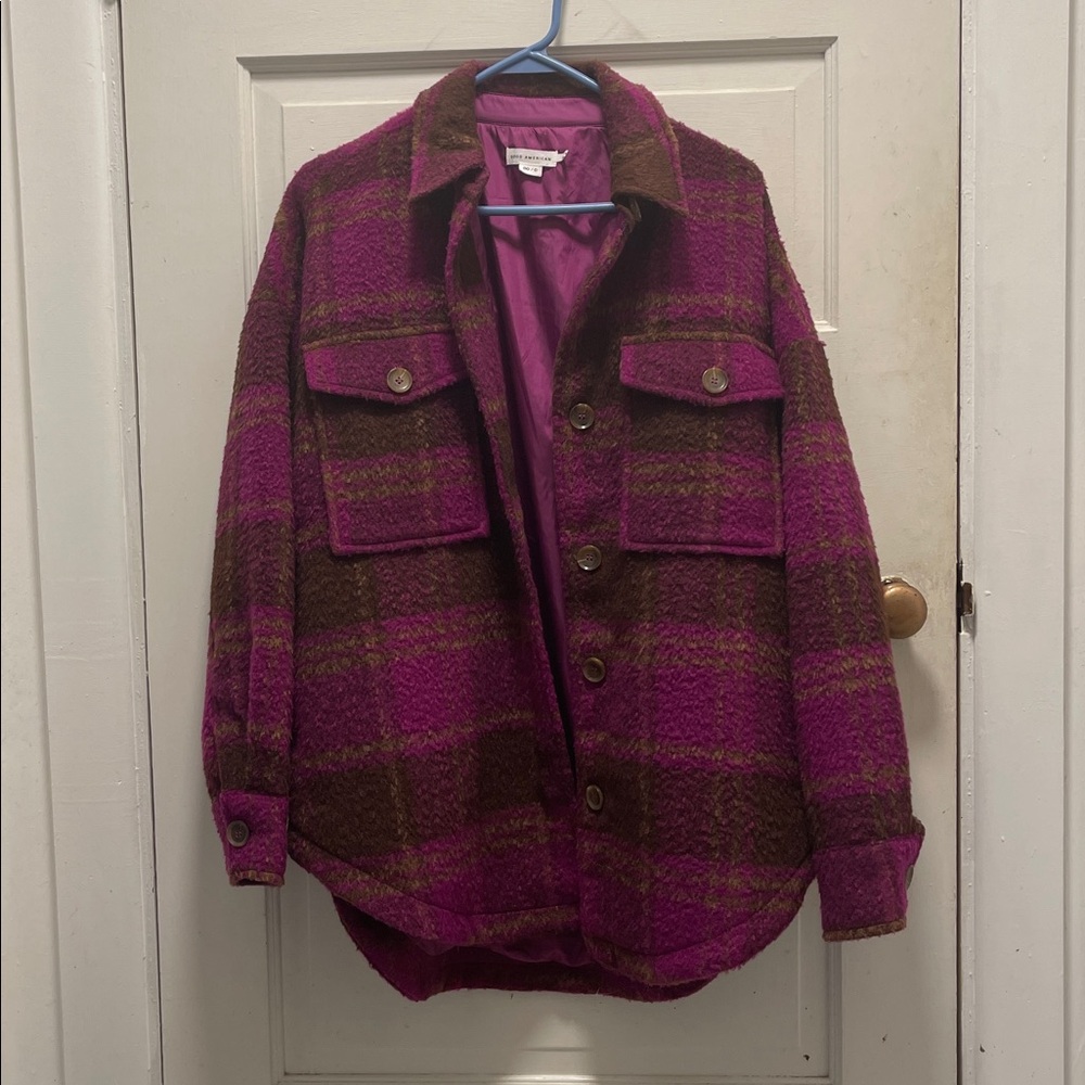 Good American Wool Blend Plaid Shacket  Pop Thistle Magenta NWT size 0/00
